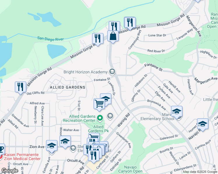 map of restaurants, bars, coffee shops, grocery stores, and more near 5263 Lewison Place in San Diego