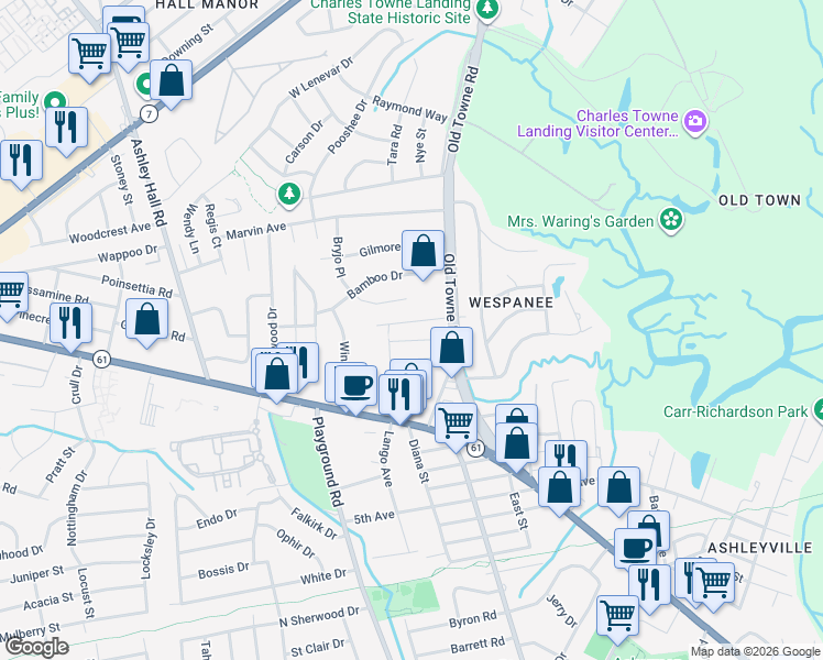 map of restaurants, bars, coffee shops, grocery stores, and more near 9 Ashland Drive in Charleston