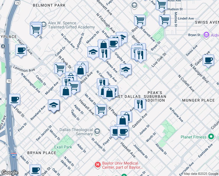 map of restaurants, bars, coffee shops, grocery stores, and more near 1423 North Carroll Avenue in Dallas