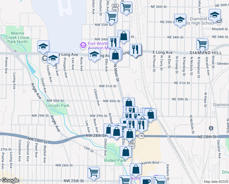 map of restaurants, bars, coffee shops, grocery stores, and more near 3014 Ellis Avenue in Fort Worth
