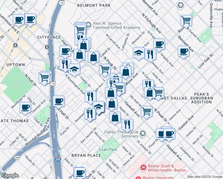 map of restaurants, bars, coffee shops, grocery stores, and more near 1725 North Haskell Avenue in Dallas