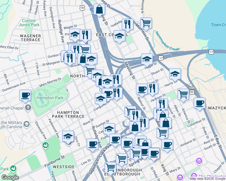 map of restaurants, bars, coffee shops, grocery stores, and more near 20 Benson Street in Charleston