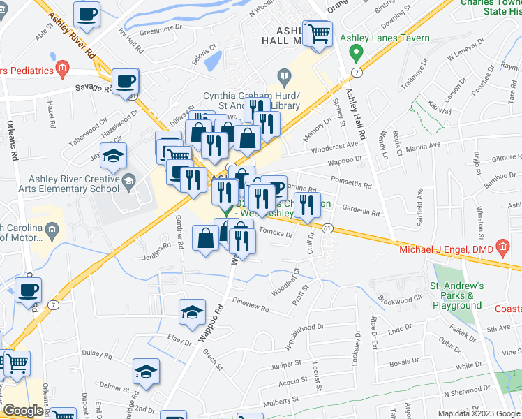 map of restaurants, bars, coffee shops, grocery stores, and more near 1724 Ashley River Rd in Charleston