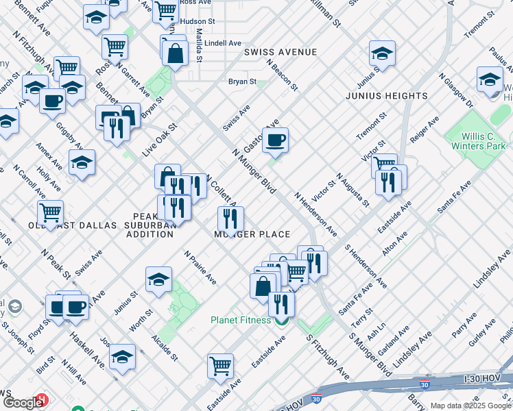 map of restaurants, bars, coffee shops, grocery stores, and more near 5018 Worth Street in Dallas
