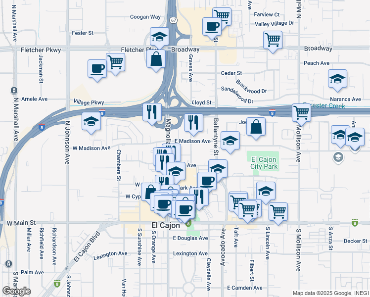 map of restaurants, bars, coffee shops, grocery stores, and more near 472 Graves Avenue in El Cajon