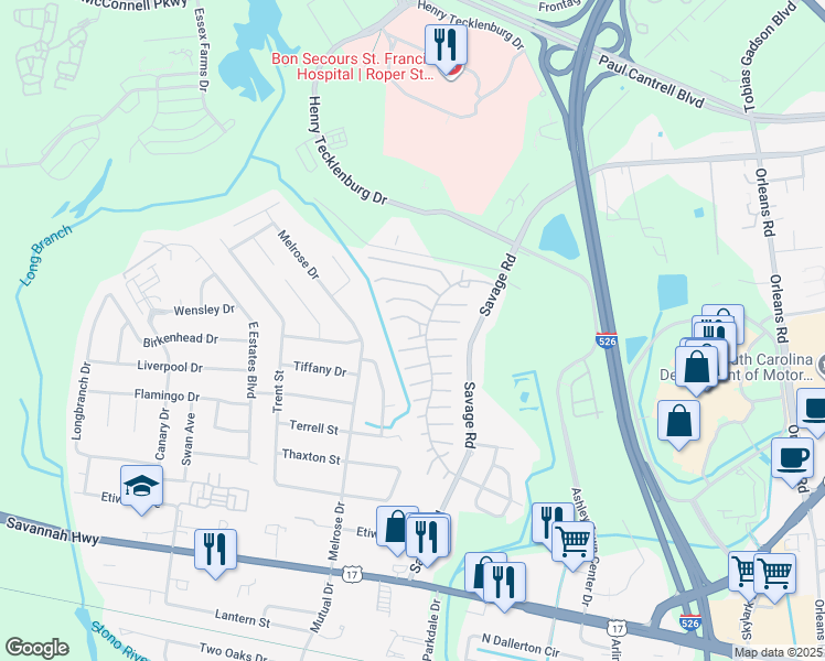 map of restaurants, bars, coffee shops, grocery stores, and more near 885 Castlewood Boulevard in Charleston