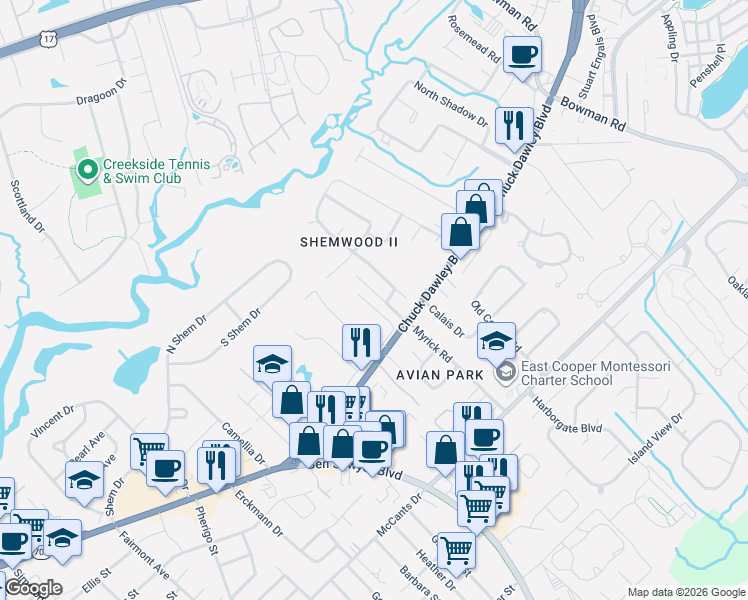 map of restaurants, bars, coffee shops, grocery stores, and more near 1147 Lazy Lane Court in Mount Pleasant