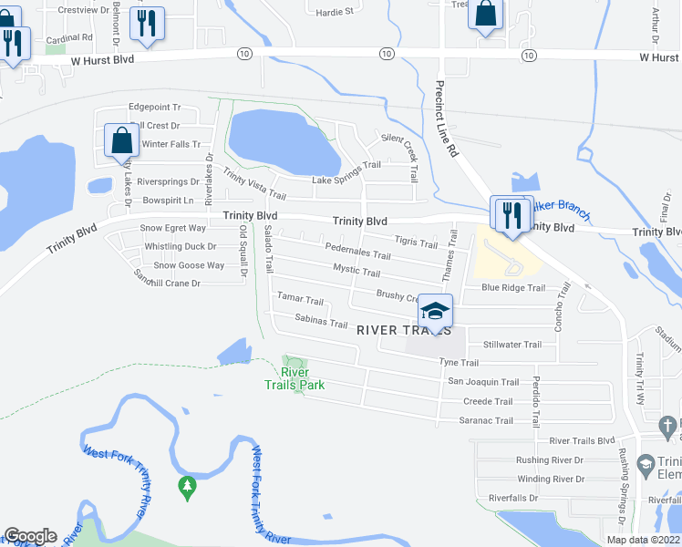 map of restaurants, bars, coffee shops, grocery stores, and more near 8628 Mystic Trail in Fort Worth