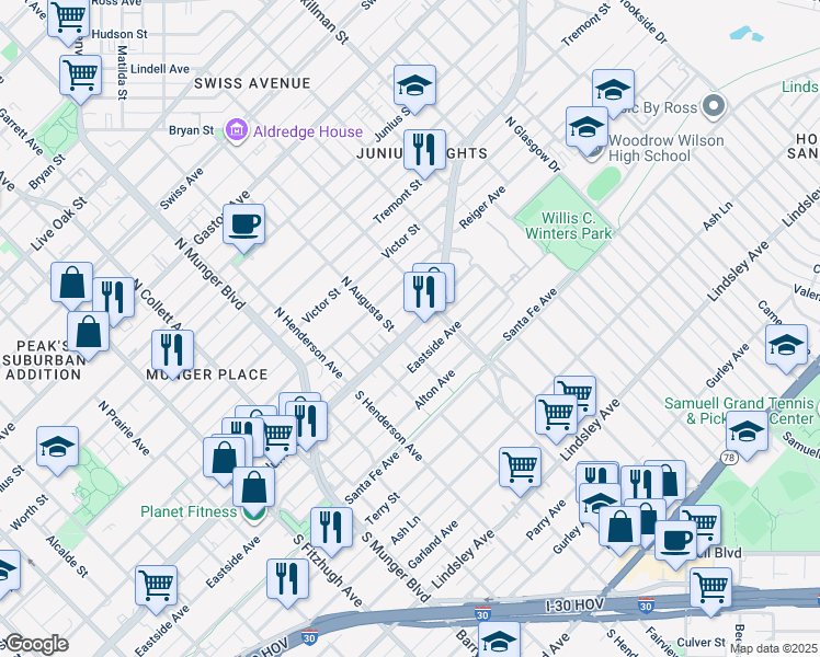 map of restaurants, bars, coffee shops, grocery stores, and more near 5513 Columbia Avenue in Dallas