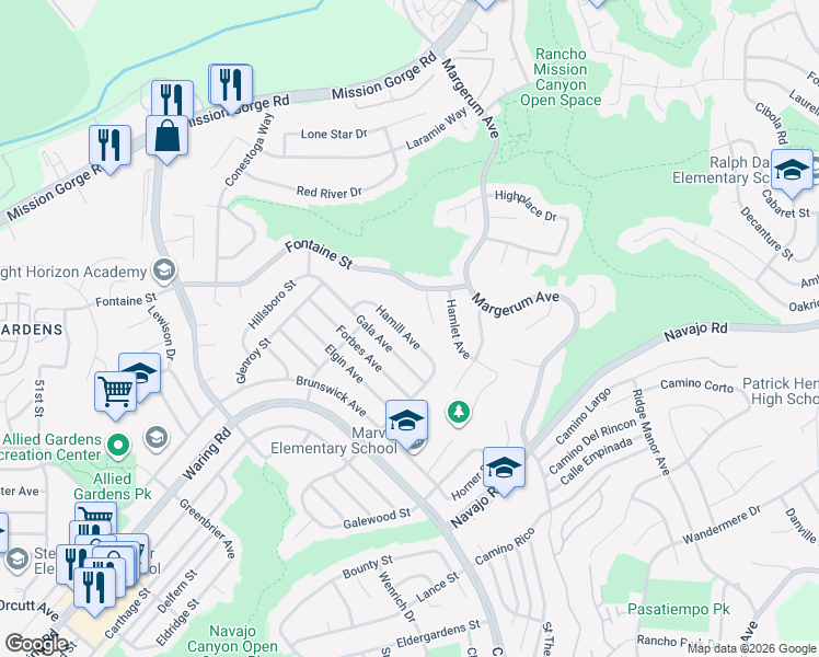 map of restaurants, bars, coffee shops, grocery stores, and more near 5586 Hamill Avenue in San Diego