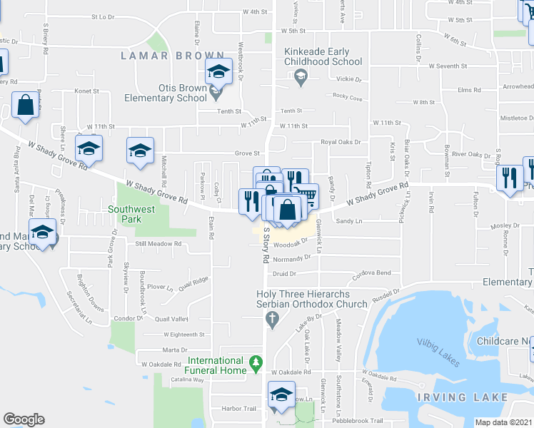 map of restaurants, bars, coffee shops, grocery stores, and more near W Shady Grove Rd & S Story Rd in Irving