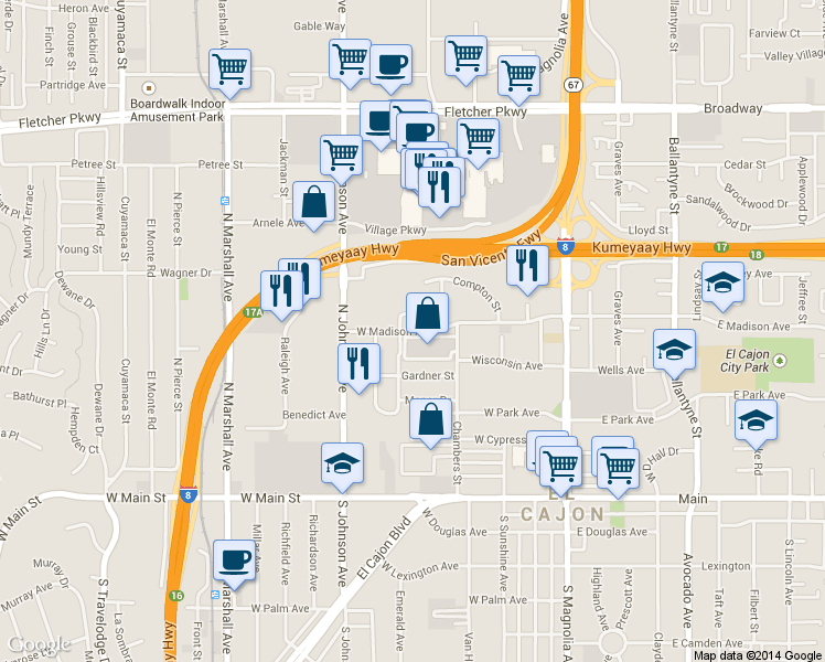 map of restaurants, bars, coffee shops, grocery stores, and more near 7 West Madison Avenue in El Cajon