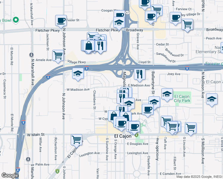 map of restaurants, bars, coffee shops, grocery stores, and more near 225 West Madison Avenue in El Cajon