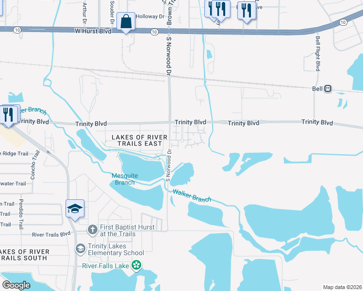 map of restaurants, bars, coffee shops, grocery stores, and more near 284 South Norwood Drive in Fort Worth