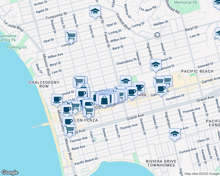 map of restaurants, bars, coffee shops, grocery stores, and more near 1220 Emerald Street in San Diego