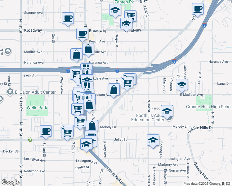 map of restaurants, bars, coffee shops, grocery stores, and more near 1406 East Madison Avenue in El Cajon