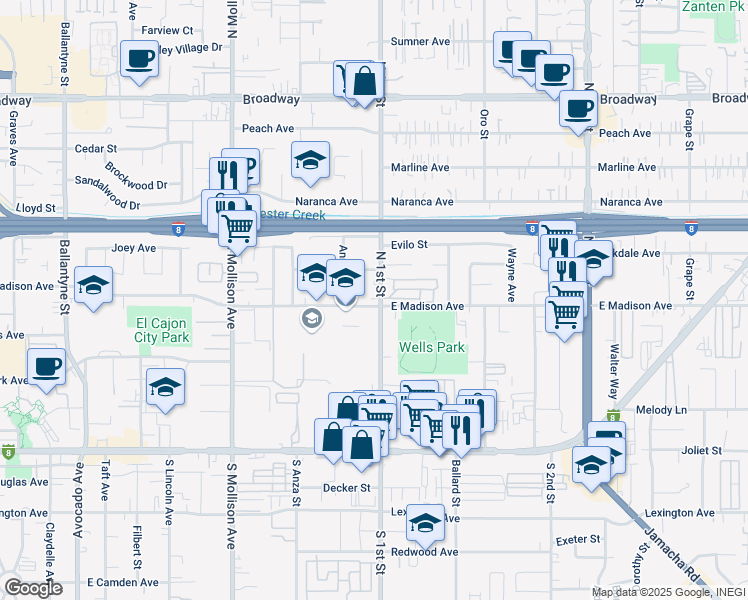map of restaurants, bars, coffee shops, grocery stores, and more near 503 North 1st Street in El Cajon