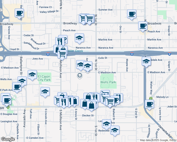 map of restaurants, bars, coffee shops, grocery stores, and more near 1072 East Madison Avenue in El Cajon