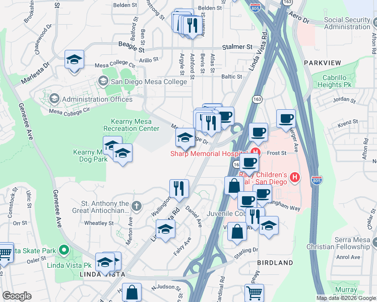 map of restaurants, bars, coffee shops, grocery stores, and more near 1954 Komet Way in San Diego