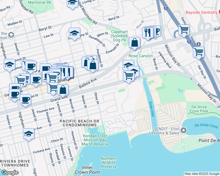 map of restaurants, bars, coffee shops, grocery stores, and more near 2337 Grand Avenue in San Diego