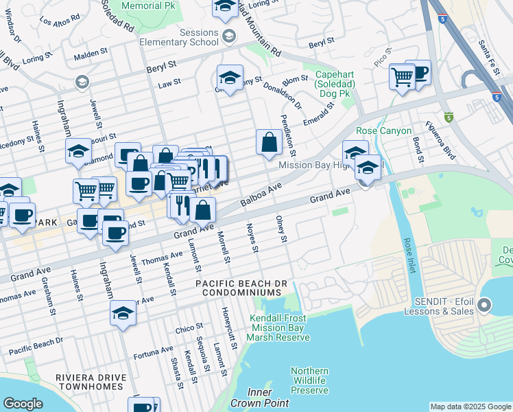 map of restaurants, bars, coffee shops, grocery stores, and more near 2131 Balboa Avenue in San Diego