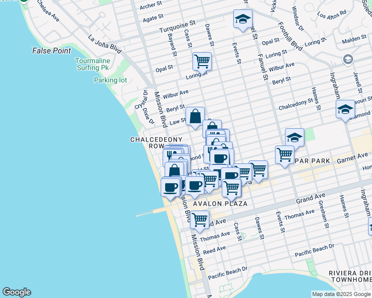 map of restaurants, bars, coffee shops, grocery stores, and more near 875 Missouri Street in San Diego