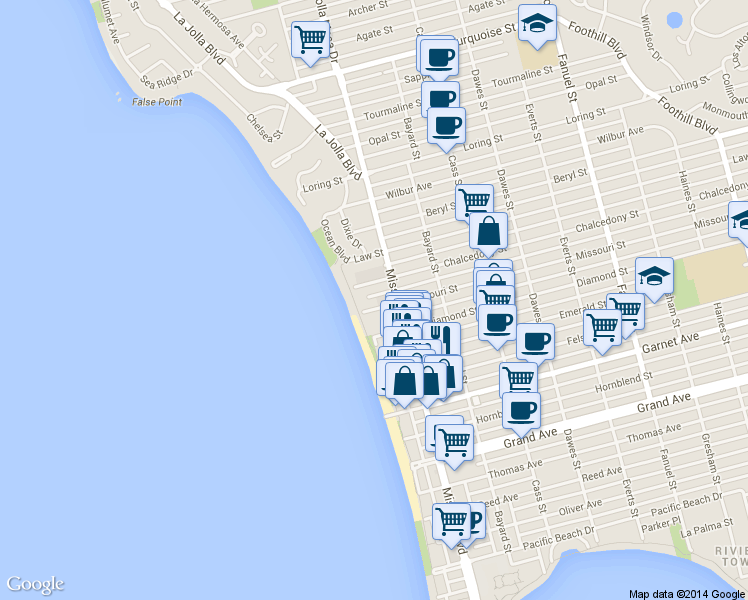 map of restaurants, bars, coffee shops, grocery stores, and more near 641 Chalcedony Street in San Diego