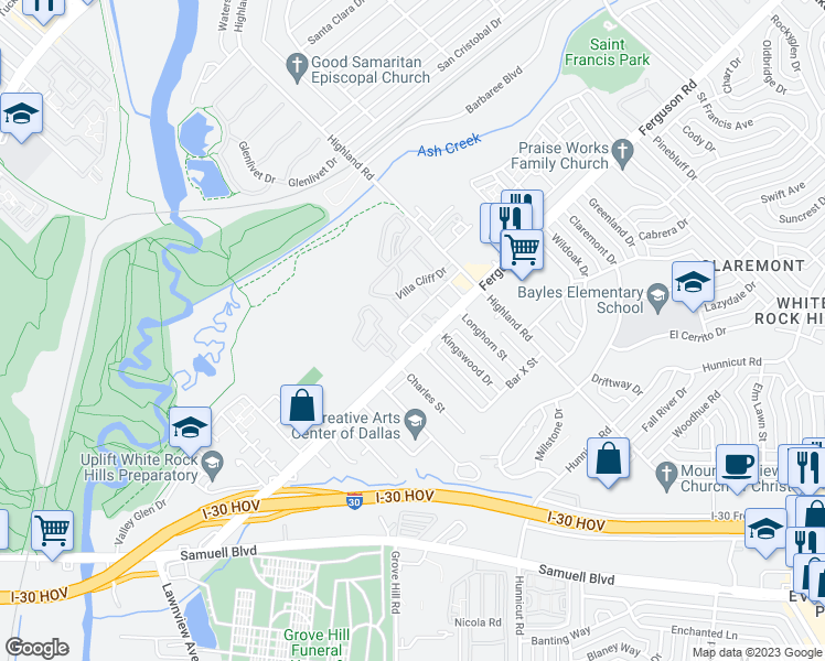 map of restaurants, bars, coffee shops, grocery stores, and more near 7803 Ferguson Road in Dallas