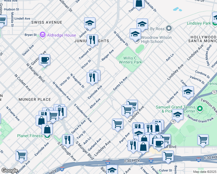 map of restaurants, bars, coffee shops, grocery stores, and more near 5617 Alton Avenue in Dallas