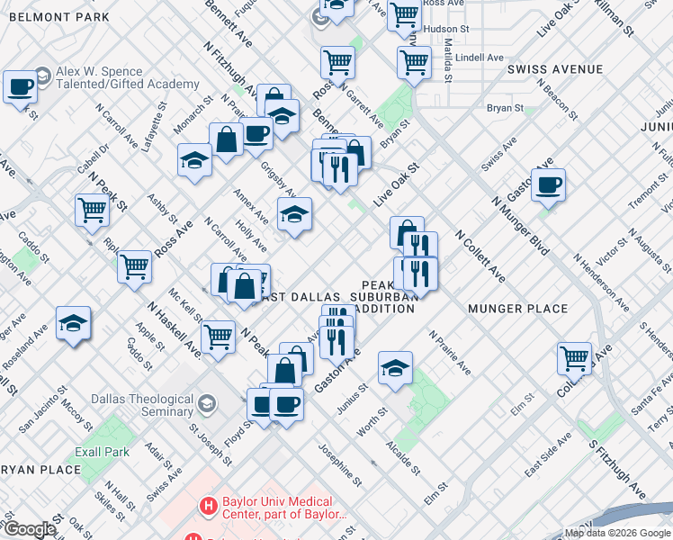 map of restaurants, bars, coffee shops, grocery stores, and more near 4617 Sycamore Street in Dallas