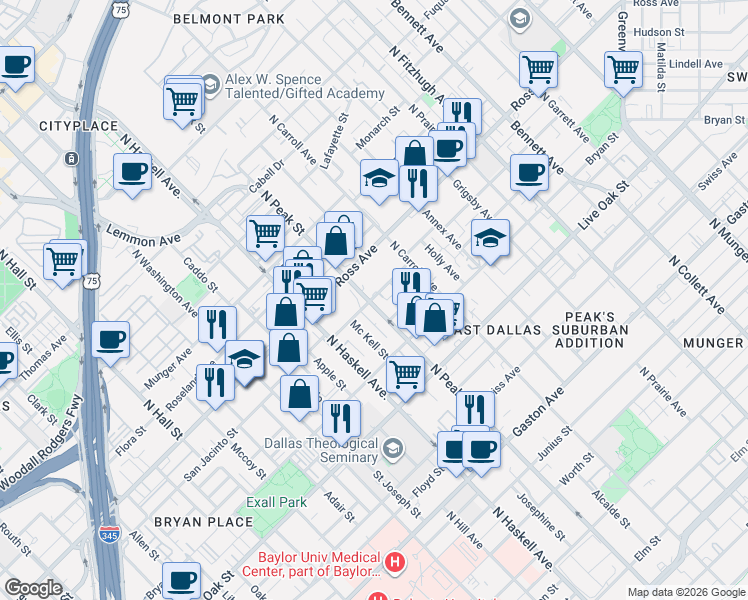 map of restaurants, bars, coffee shops, grocery stores, and more near in Dallas