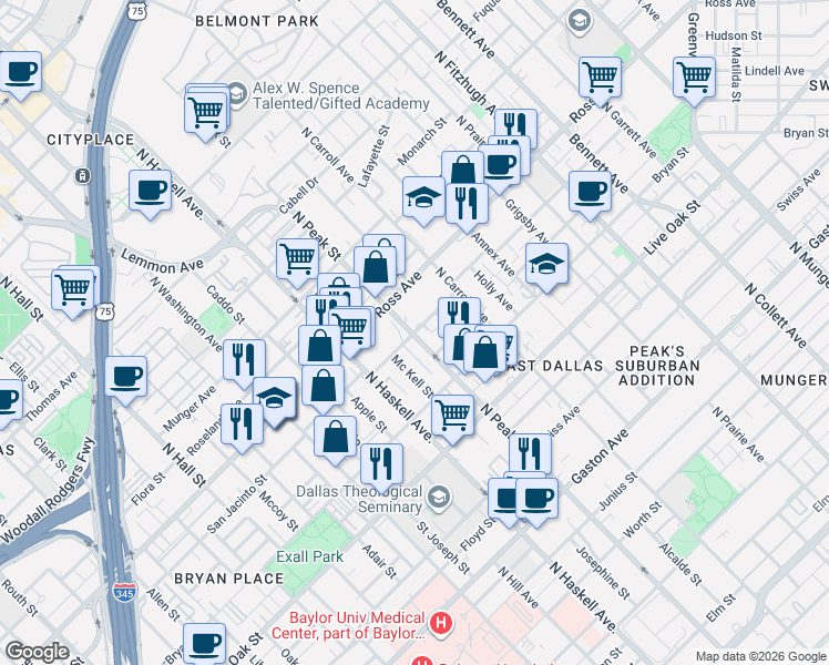 map of restaurants, bars, coffee shops, grocery stores, and more near in Dallas