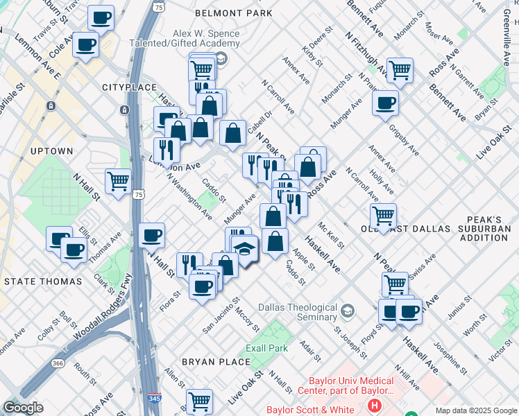 map of restaurants, bars, coffee shops, grocery stores, and more near 3914 Munger Avenue in Dallas