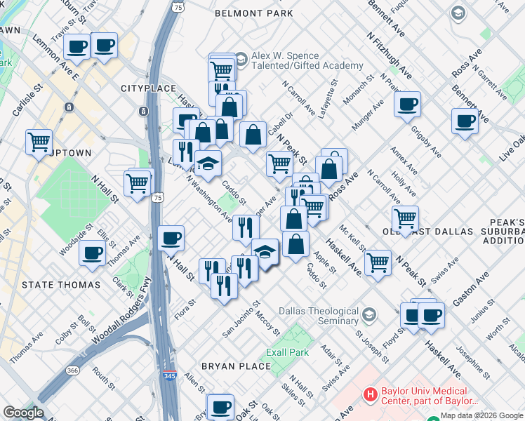 map of restaurants, bars, coffee shops, grocery stores, and more near 3914 Munger Avenue in Dallas
