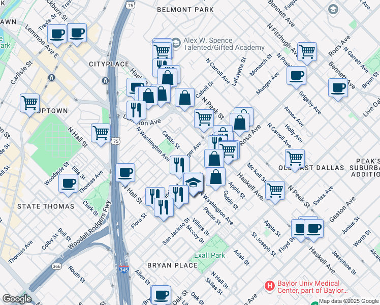 map of restaurants, bars, coffee shops, grocery stores, and more near 3914 Munger Avenue in Dallas