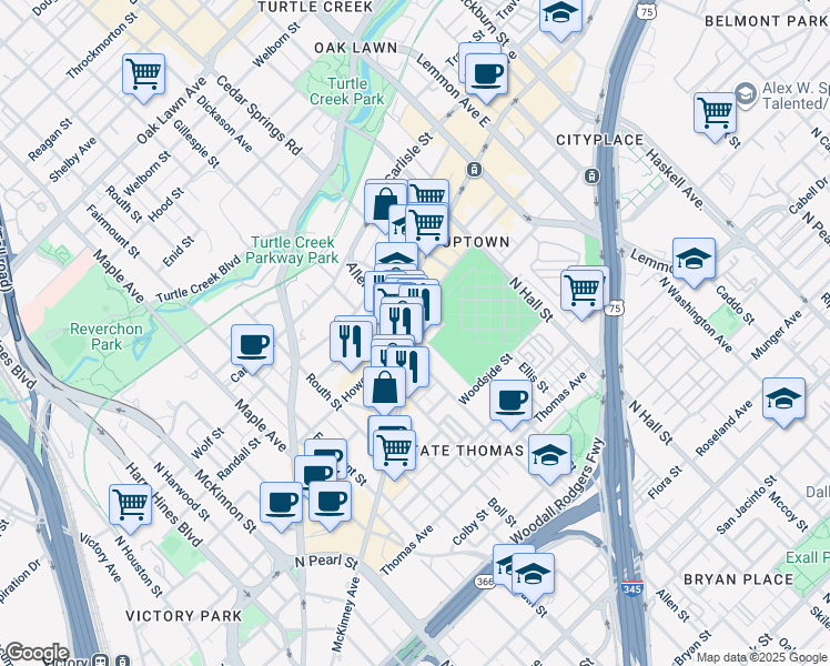 map of restaurants, bars, coffee shops, grocery stores, and more near 131 Howell Street in Dallas