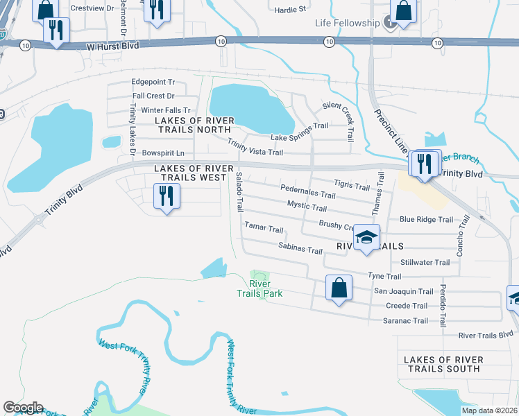 map of restaurants, bars, coffee shops, grocery stores, and more near 8509 Brushy Creek Trail in Fort Worth