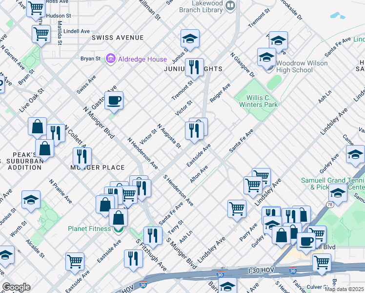 map of restaurants, bars, coffee shops, grocery stores, and more near 5501 Columbia Avenue in Dallas
