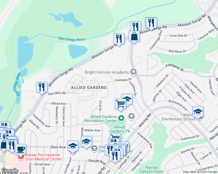 map of restaurants, bars, coffee shops, grocery stores, and more near 7115 Leicester Street in San Diego