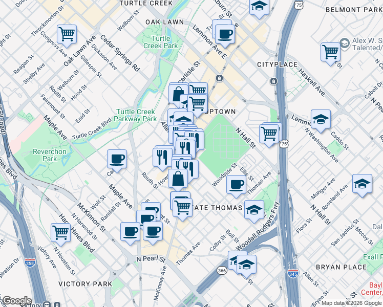 map of restaurants, bars, coffee shops, grocery stores, and more near 2950 McKinney Avenue in Dallas