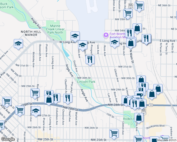 map of restaurants, bars, coffee shops, grocery stores, and more near 3015 Refugio Avenue in Fort Worth