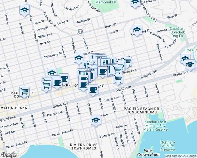 map of restaurants, bars, coffee shops, grocery stores, and more near 1730 Garnet Avenue in San Diego