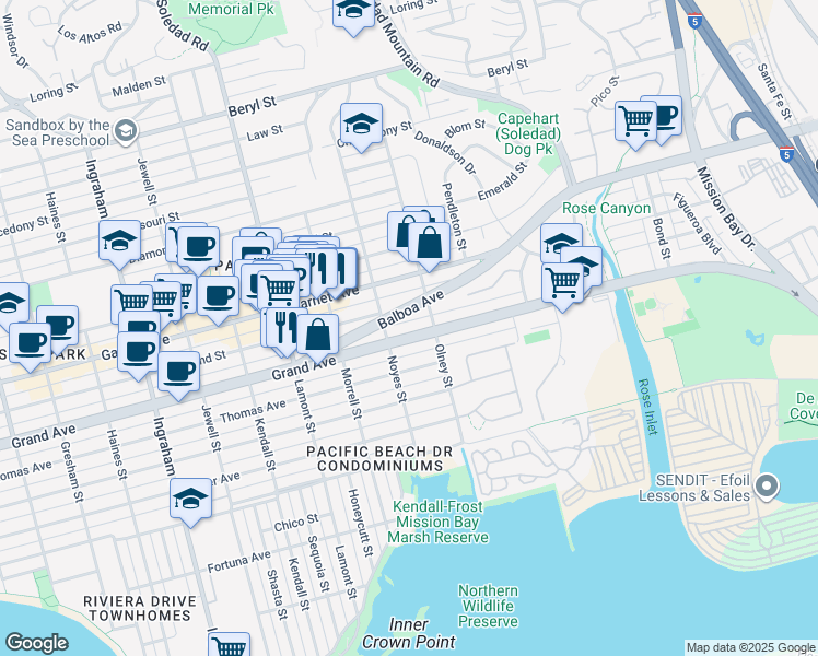map of restaurants, bars, coffee shops, grocery stores, and more near 2142 Grand Avenue in San Diego