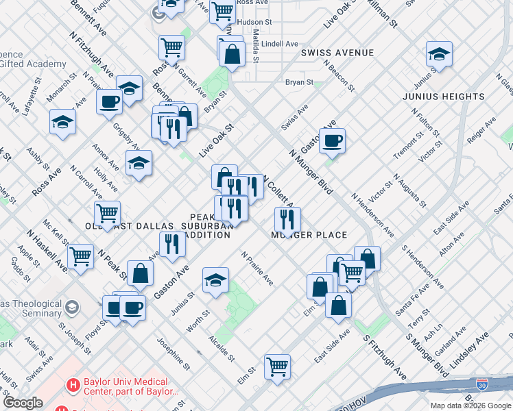 map of restaurants, bars, coffee shops, grocery stores, and more near 4918 Gaston Avenue in Dallas