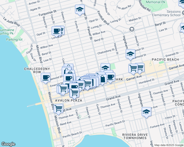 map of restaurants, bars, coffee shops, grocery stores, and more near 1220 Emerald Street in San Diego
