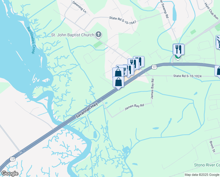 map of restaurants, bars, coffee shops, grocery stores, and more near 3894 Savannah Highway in Johns Island