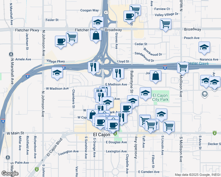 map of restaurants, bars, coffee shops, grocery stores, and more near 472 Graves Avenue in El Cajon