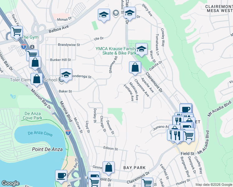 map of restaurants, bars, coffee shops, grocery stores, and more near 4214 Dakota Drive in San Diego