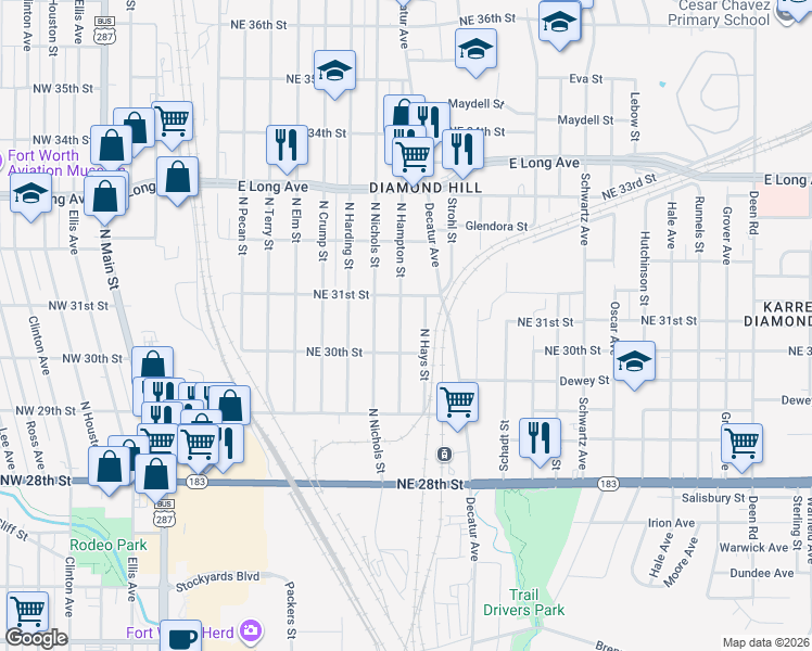 map of restaurants, bars, coffee shops, grocery stores, and more near 3112 North Hampton Street in Fort Worth