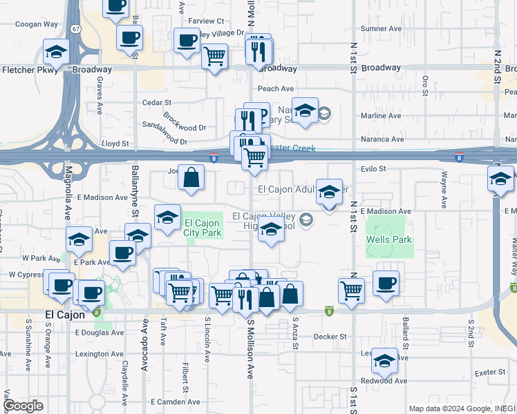 map of restaurants, bars, coffee shops, grocery stores, and more near 505 North Mollison Avenue in El Cajon